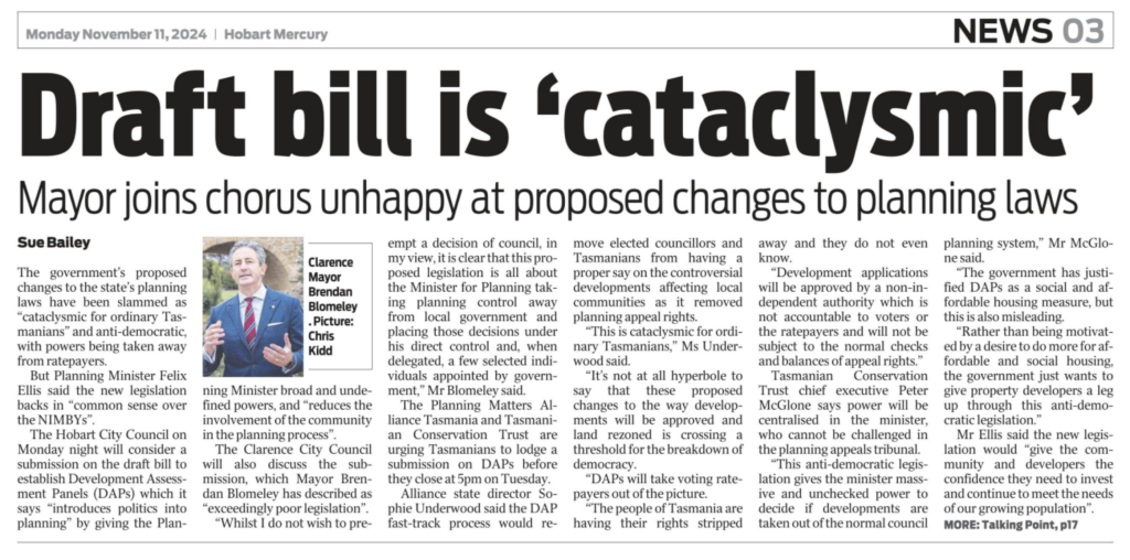 Draft bill 'cataclysmic' published in The Mercury 11/11/2024.